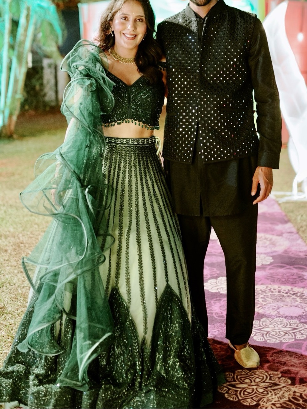 Emerald Green Designer Lehenga Set with Beaded Blouse & Ruffle Dupatta